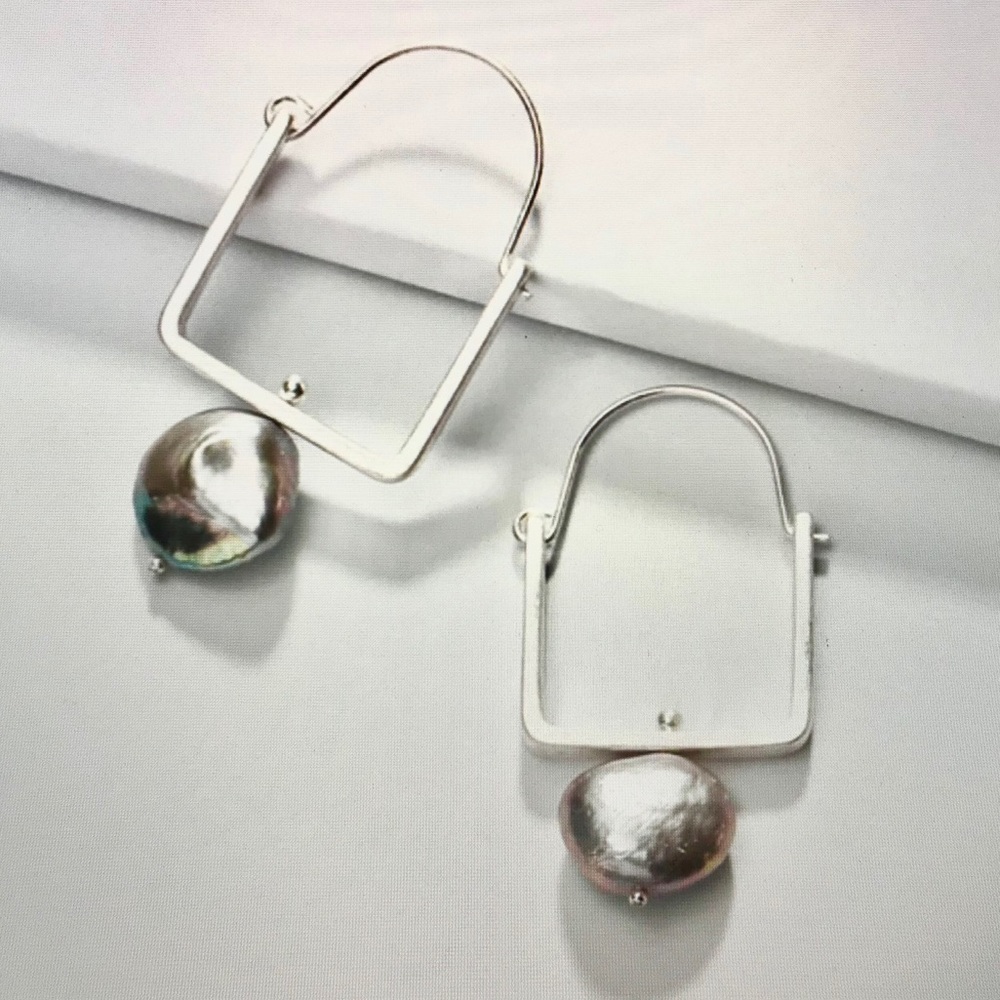 Silver Square Frame Earrings with Iridescent Pearl Drop